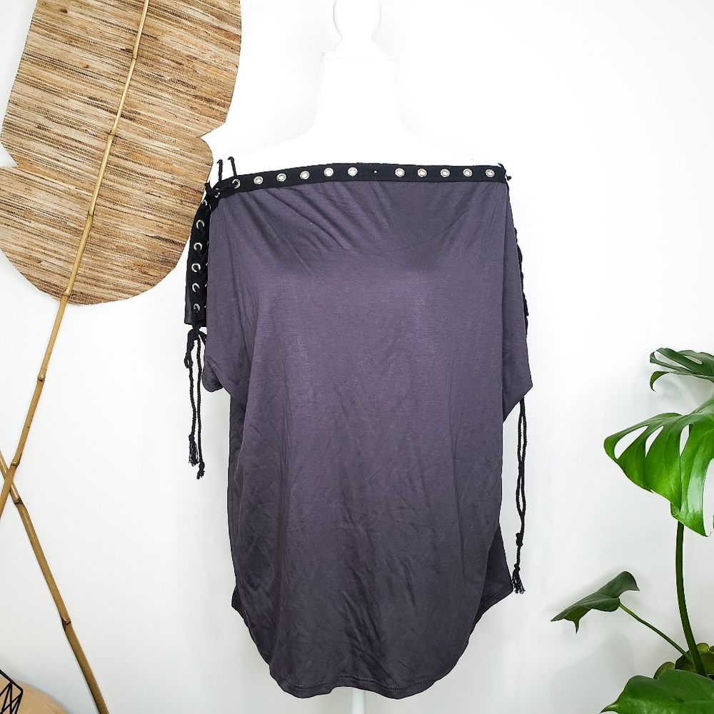 ⭐ Lace up Embellished Top Charcoal Gray & Black